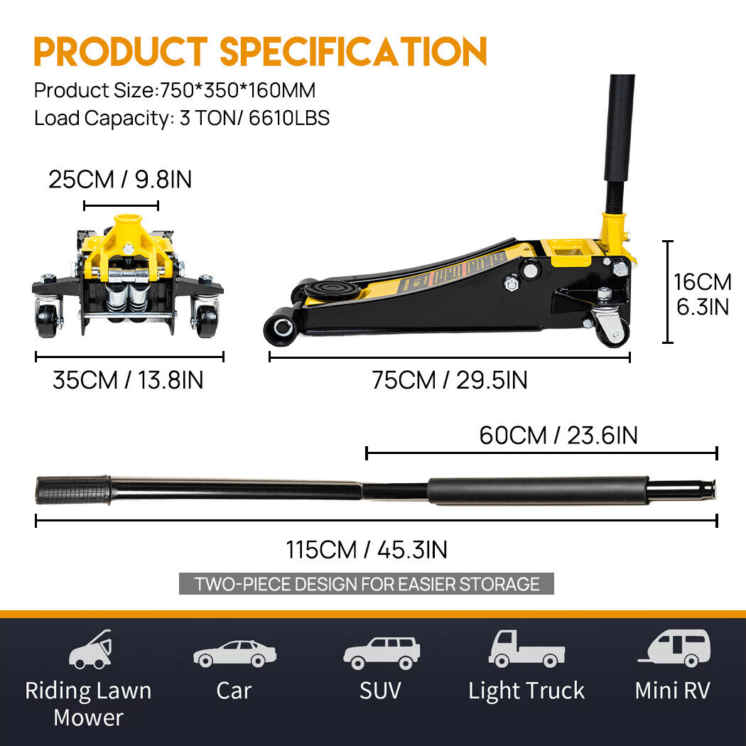 Low Profile Floor Jack 3 Ton Aluminum Steel Racing Jack